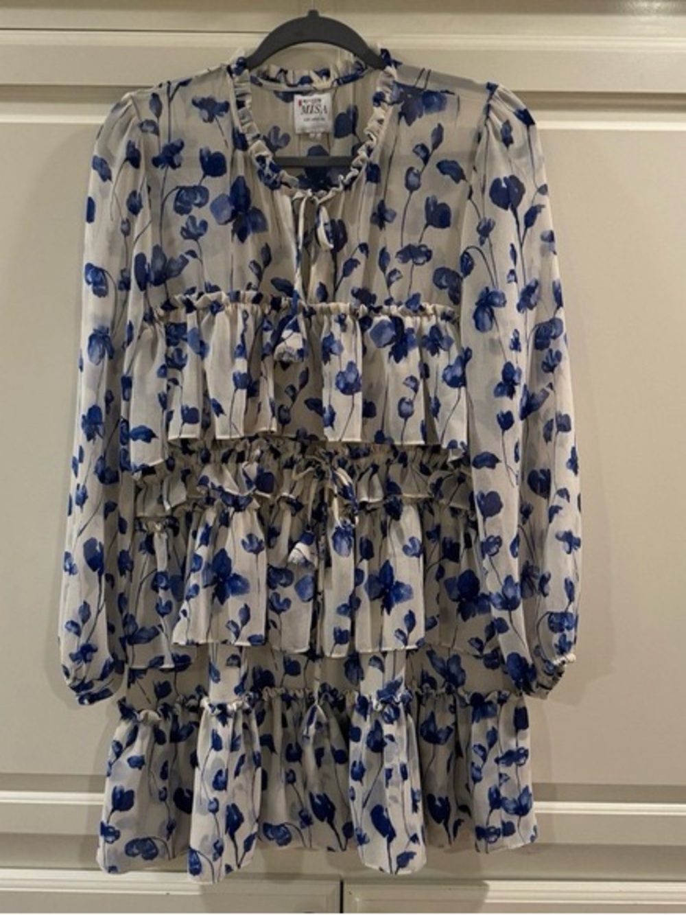 Misa Los Angeles Blue Floral Tiered Mini Dress on Cream